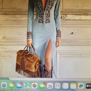 Fringed Light Blue Long Sleeve Dress with Brown Detail